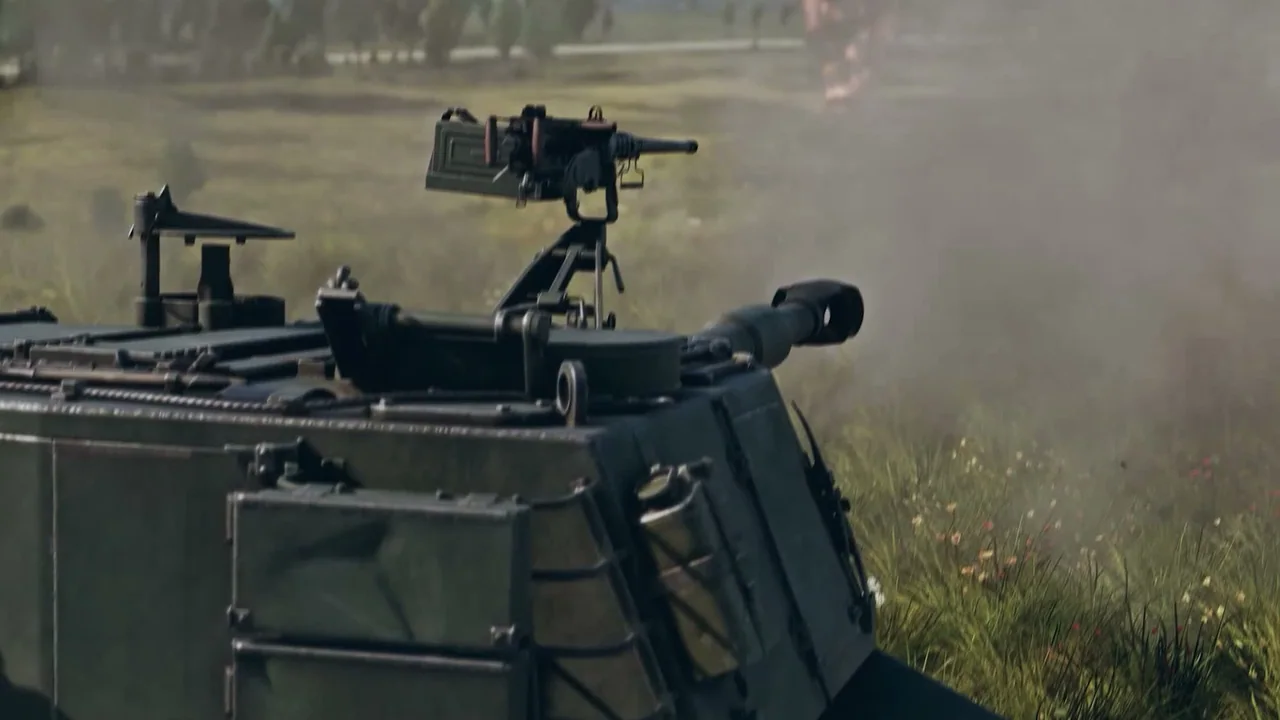 Official War Thunder campaign footage showing the upper hull and weapons of a ground vehicle in battle.