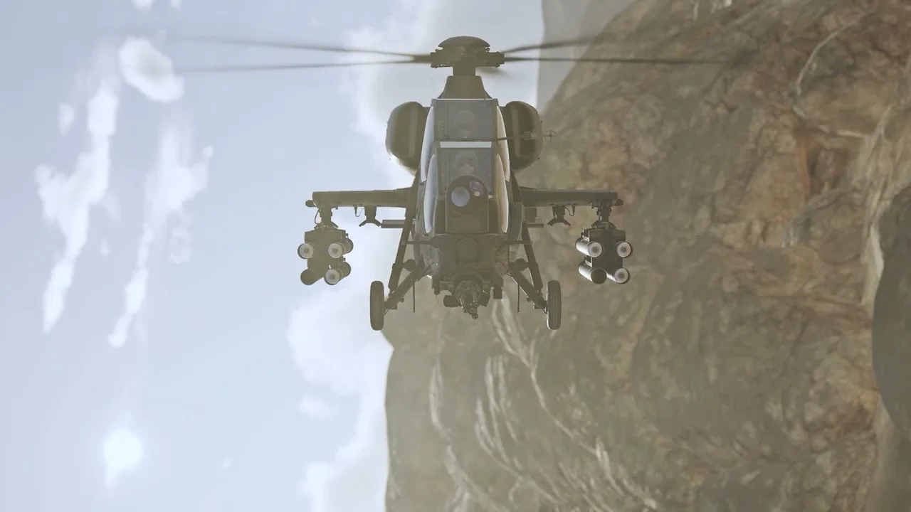 Official War Thunder campaign footage showing an armed attack helicopter flying beside a rocky cliff.