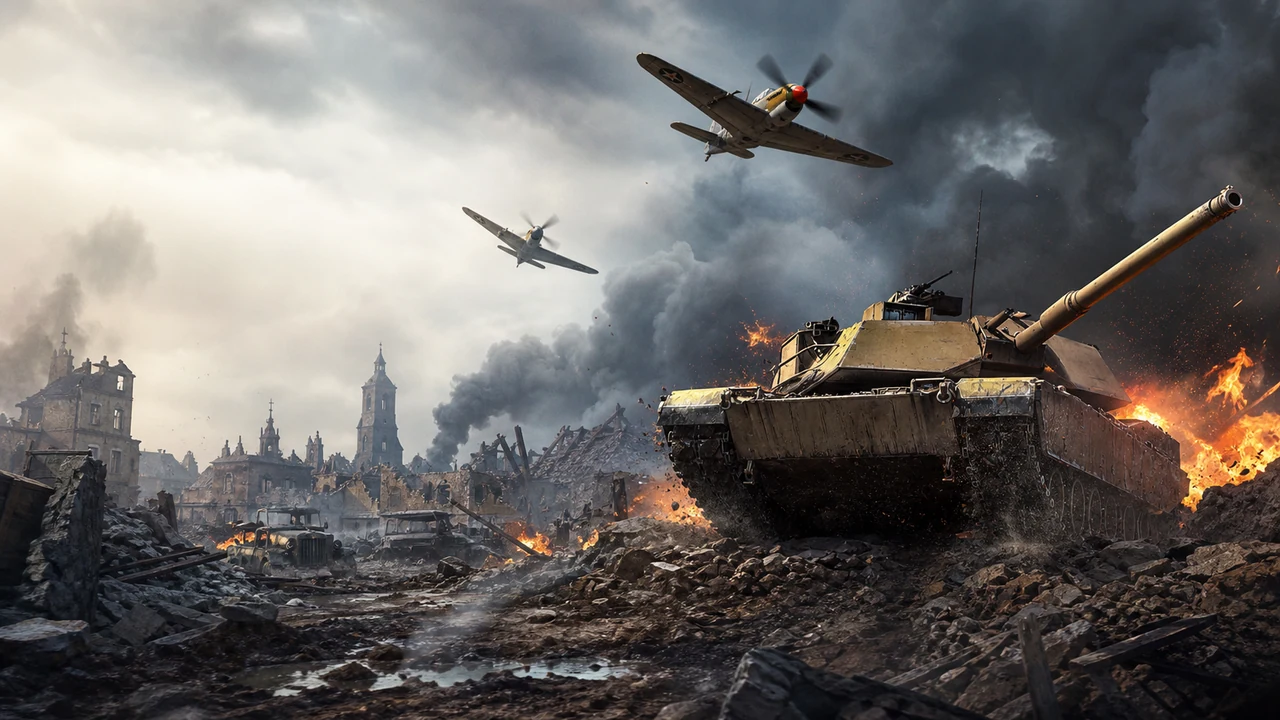 A tank advancing through a ruined town while two period aircraft cross a smoke-filled sky.