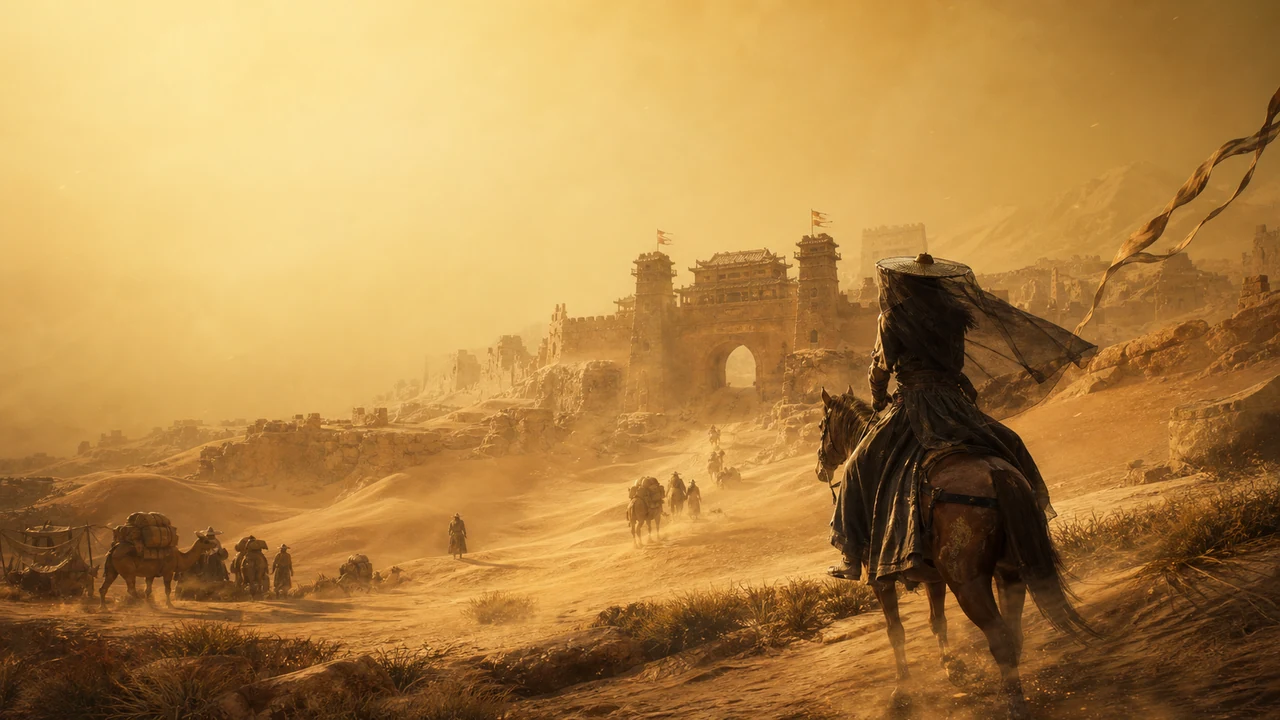 A wuxia wanderer on horseback approaching Jade Gate Pass through a golden desert.