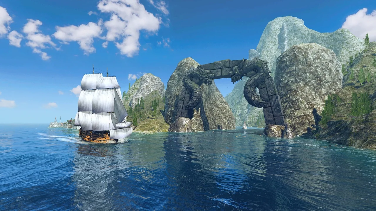 A three-masted warship under white sail passes a carved stone arch between rocky green islands on calm blue water.