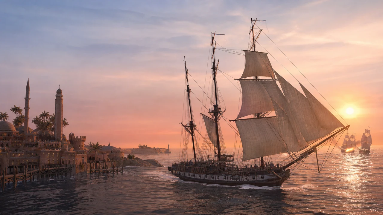 A three-masted sailing ship leaving a Mediterranean port while distant vessels exchange cannon fire.